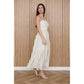 STRIPE PLEATED STRAPLESS LINEN MIDI DRESS