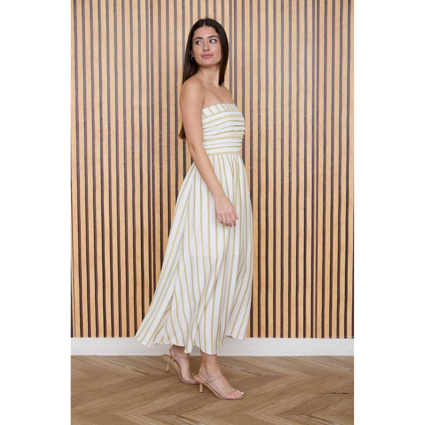 STRIPE PLEATED STRAPLESS LINEN MIDI DRESS
