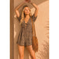 Leopard Print Denim Romper With Pleat And Tie