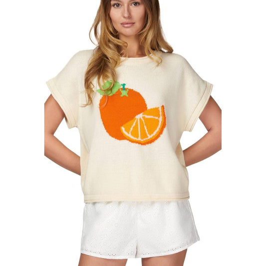 Orange Print Knit Sweater Top