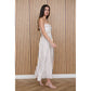 STRIPE PLEATED STRAPLESS LINEN MIDI DRESS