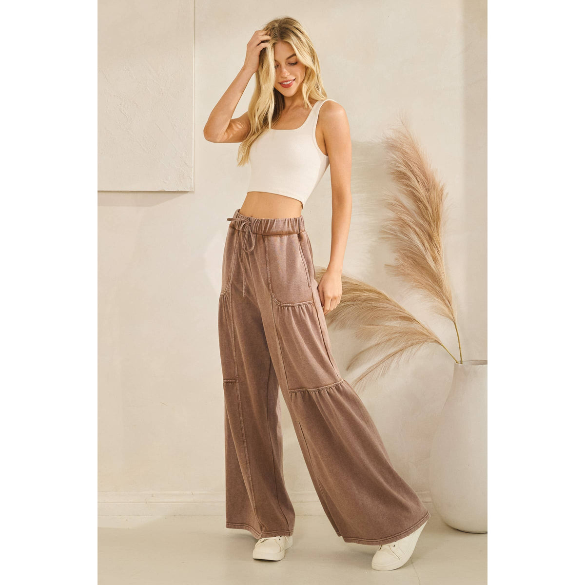 WASHED TIERED WIDE-LEG DRAWSTRING PANTS