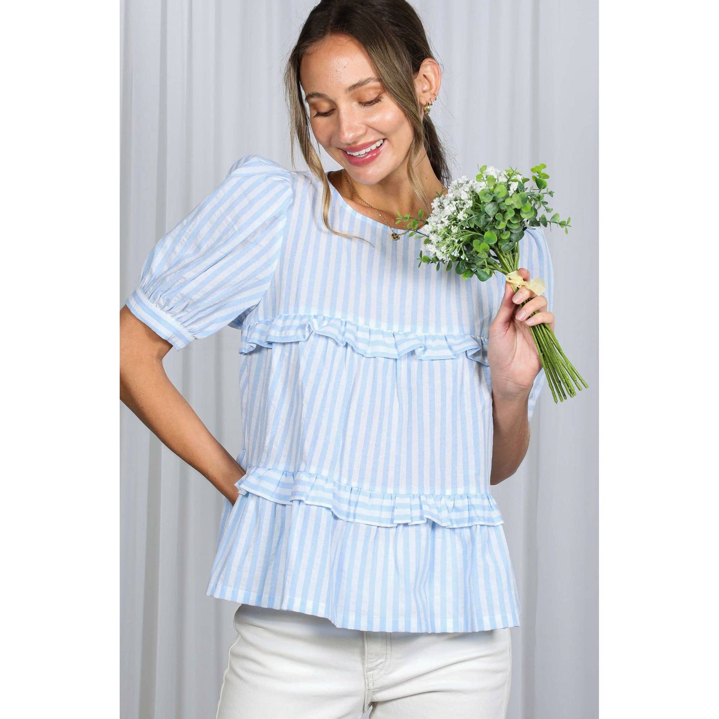 Ruffle Cotton Striped Blouse