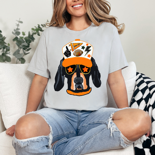 cute dog with gameday trucker hat tshirt