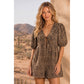 Leopard Print Denim Romper With Pleat And Tie