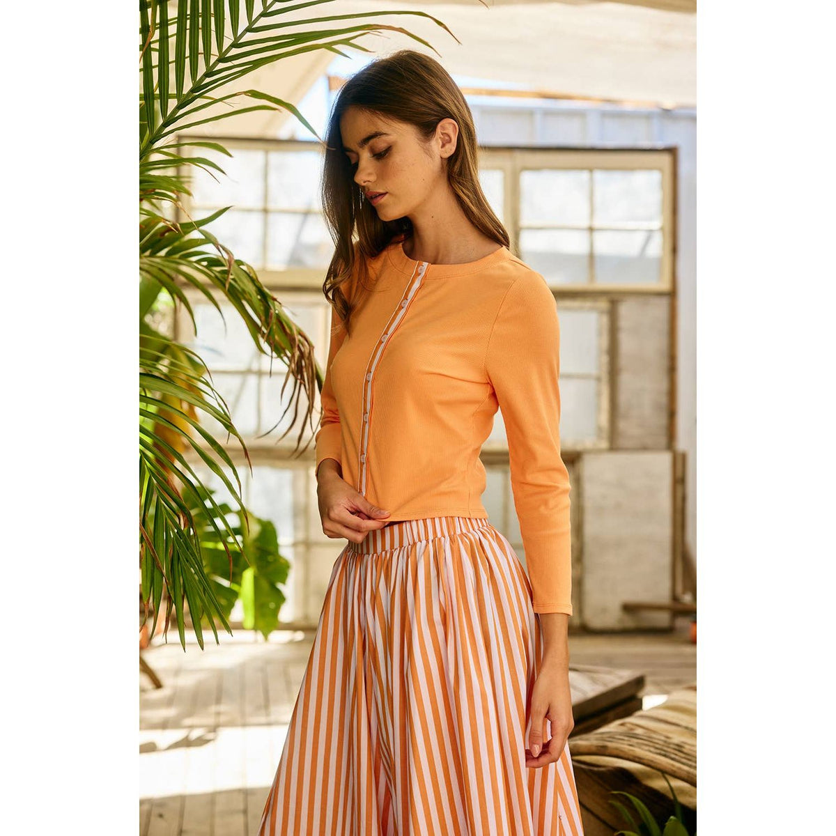 Trim Button-Down Ribbed Top