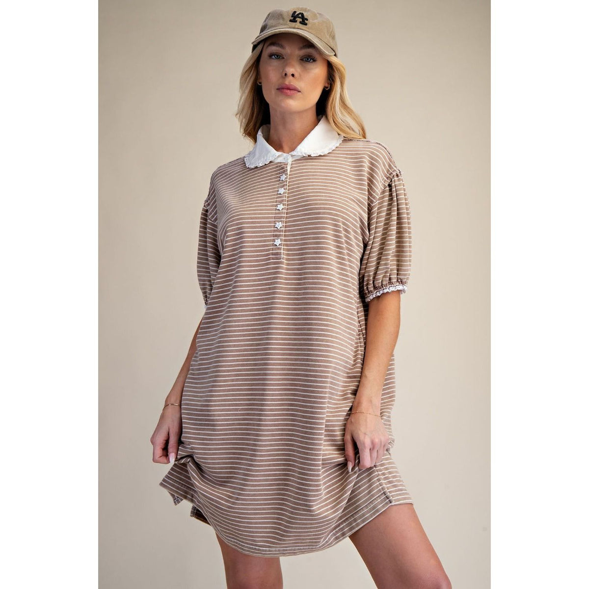 MOCHA PIN STRIPED WASHED DRESS