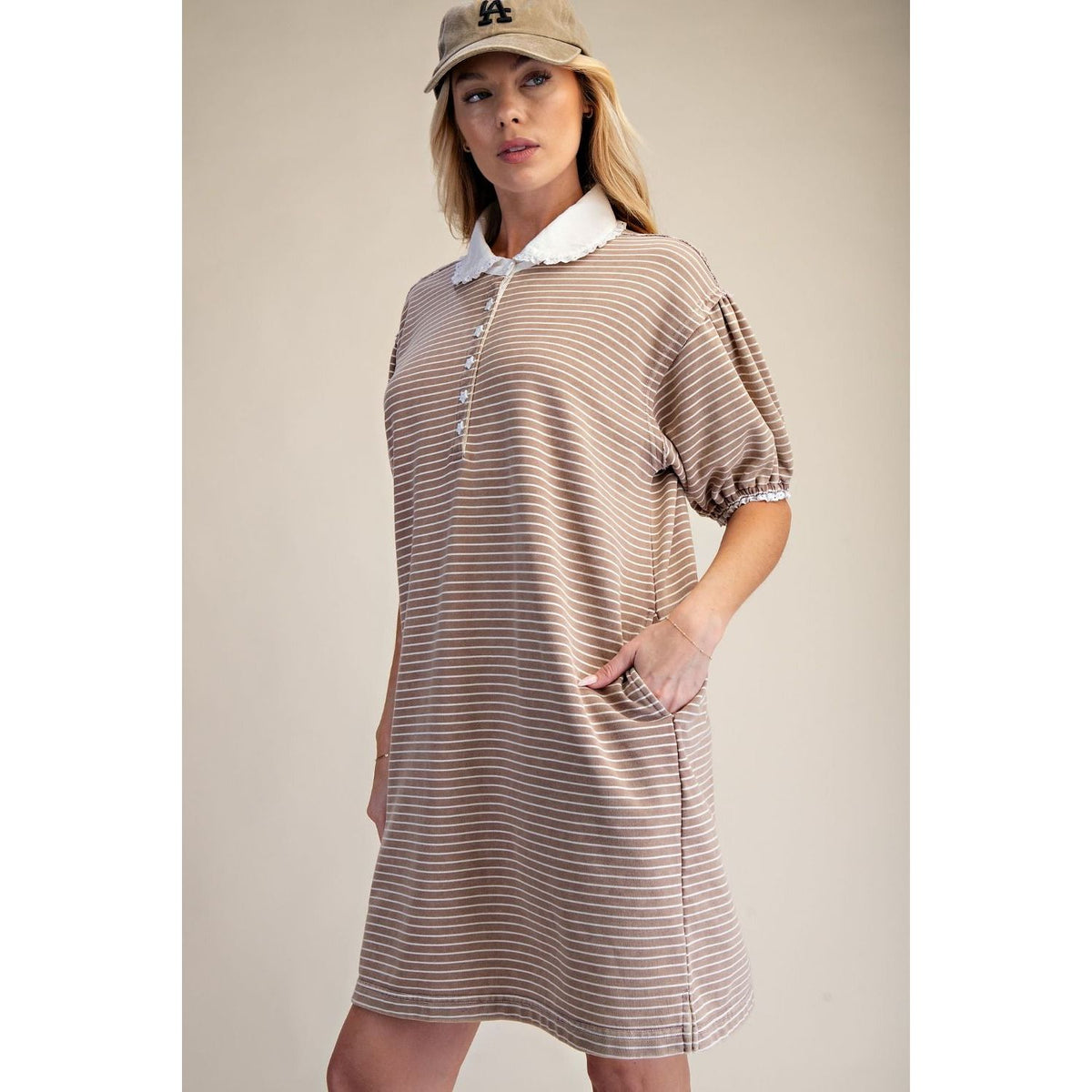 MOCHA PIN STRIPED WASHED DRESS