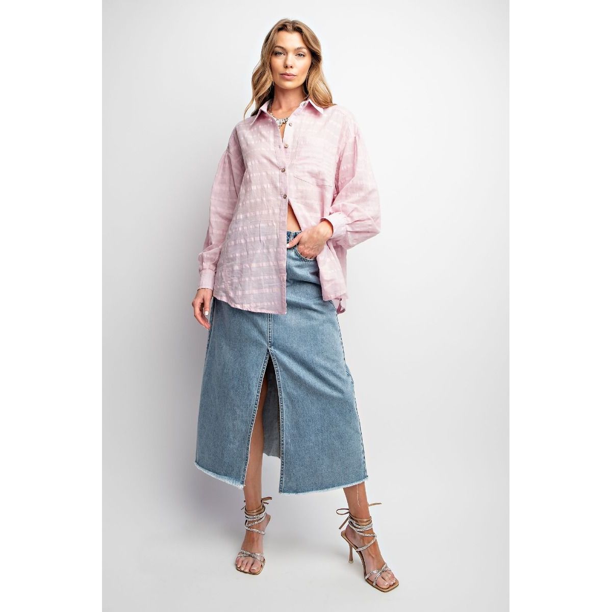 PINK TEXTURED VOILE BUTTON DOWN SHIRT