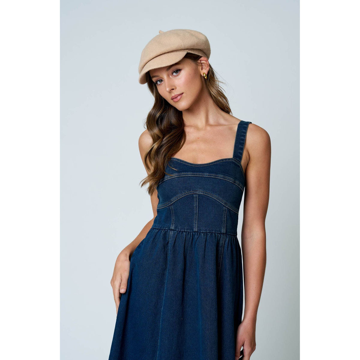 CORSET SEAM DETAIL DENIM MIDI DRESS