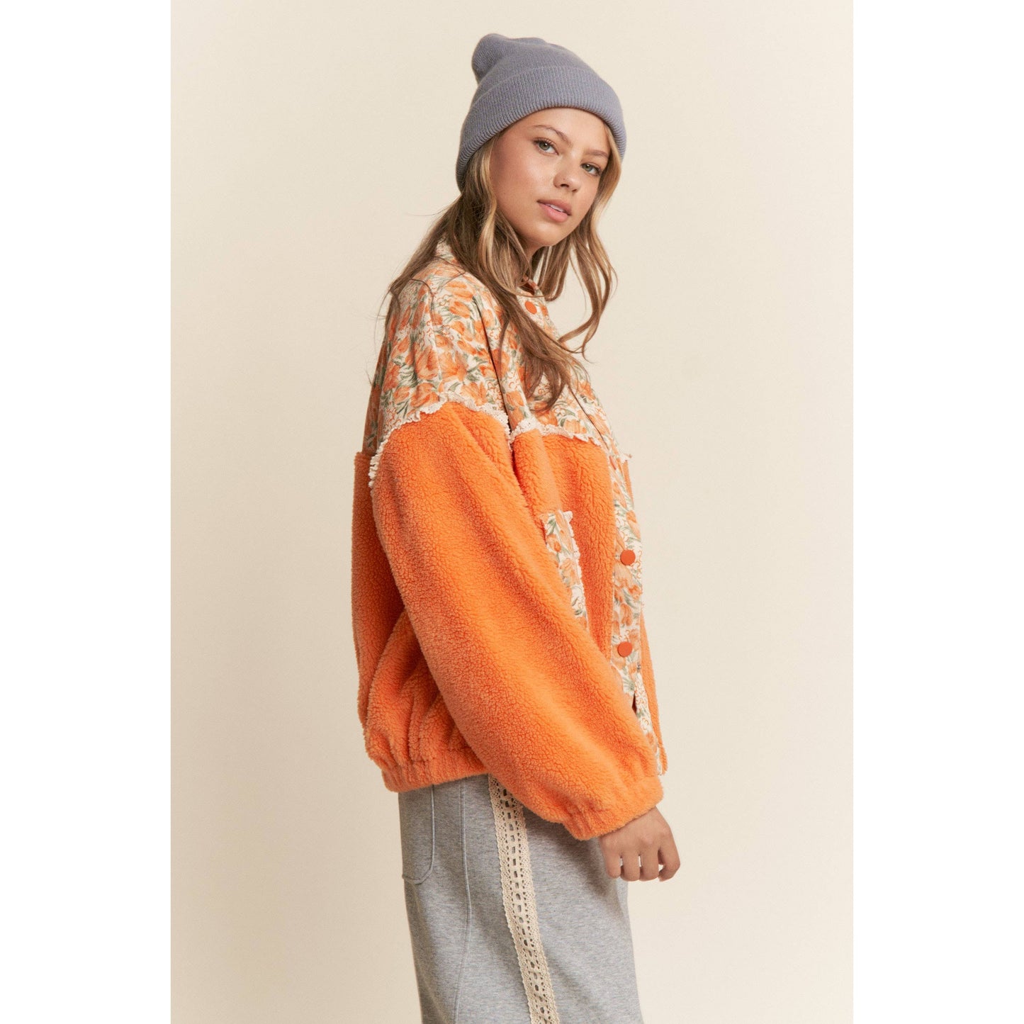 Teddy Sherpa Floral Mixed Fabric Jacke