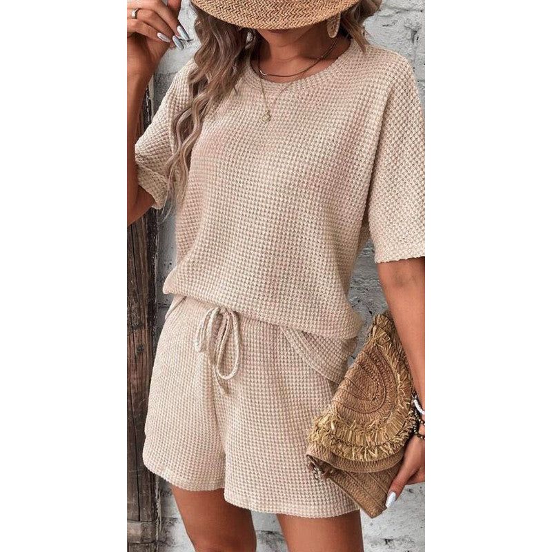 casual beige waffle shorts set 