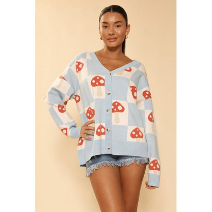 mushroom knitted blue checker sweater cardigan