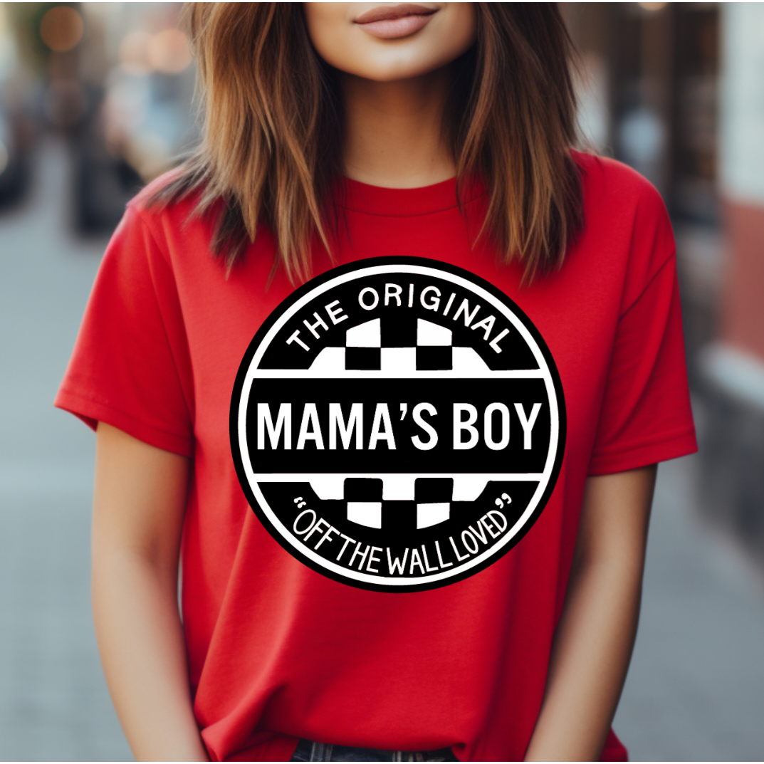 Black and White Checker Mama's Boy DTF Printed Graphic Tee