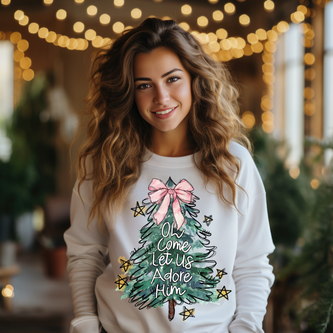 cream Oh Come Let Us Adore Him Faith Christmas Tree crewneck