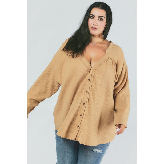 {MARKDOWN} Serena Solid Button Down Long Sleeve Oversized Top