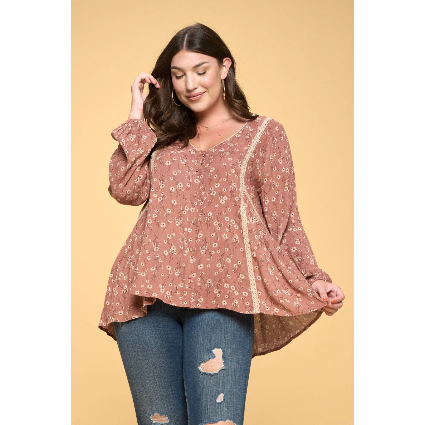 {MARKDOWN} Curvy Plus Floral Print V-Neck Babydoll Blouse Rose/Tan