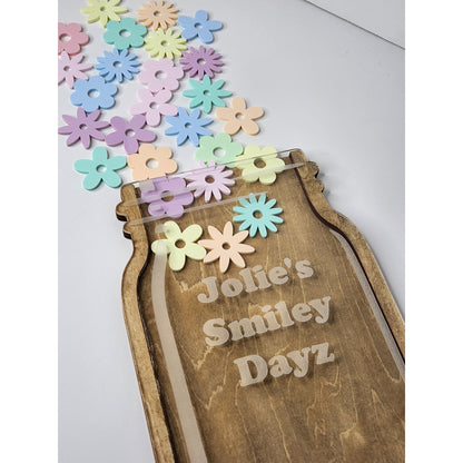 Reward Jar made from wood and acrylic, comes with flower tokens in soft pastel colors