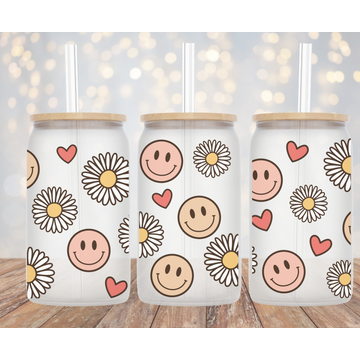 Retro Daisies and smile on a Can Glass with a straw and lid