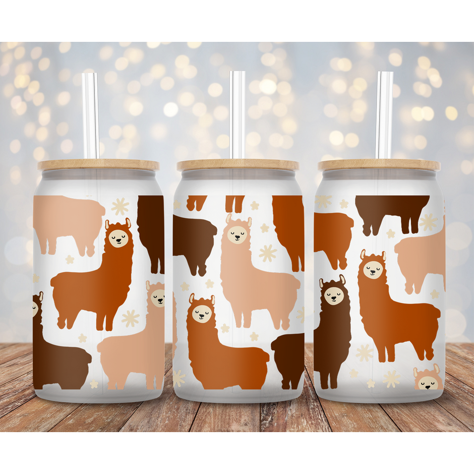 Brown Lama Can Glass Cup with straw and lid