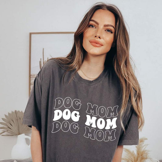 Dog mom tshirt with stacked writing the words