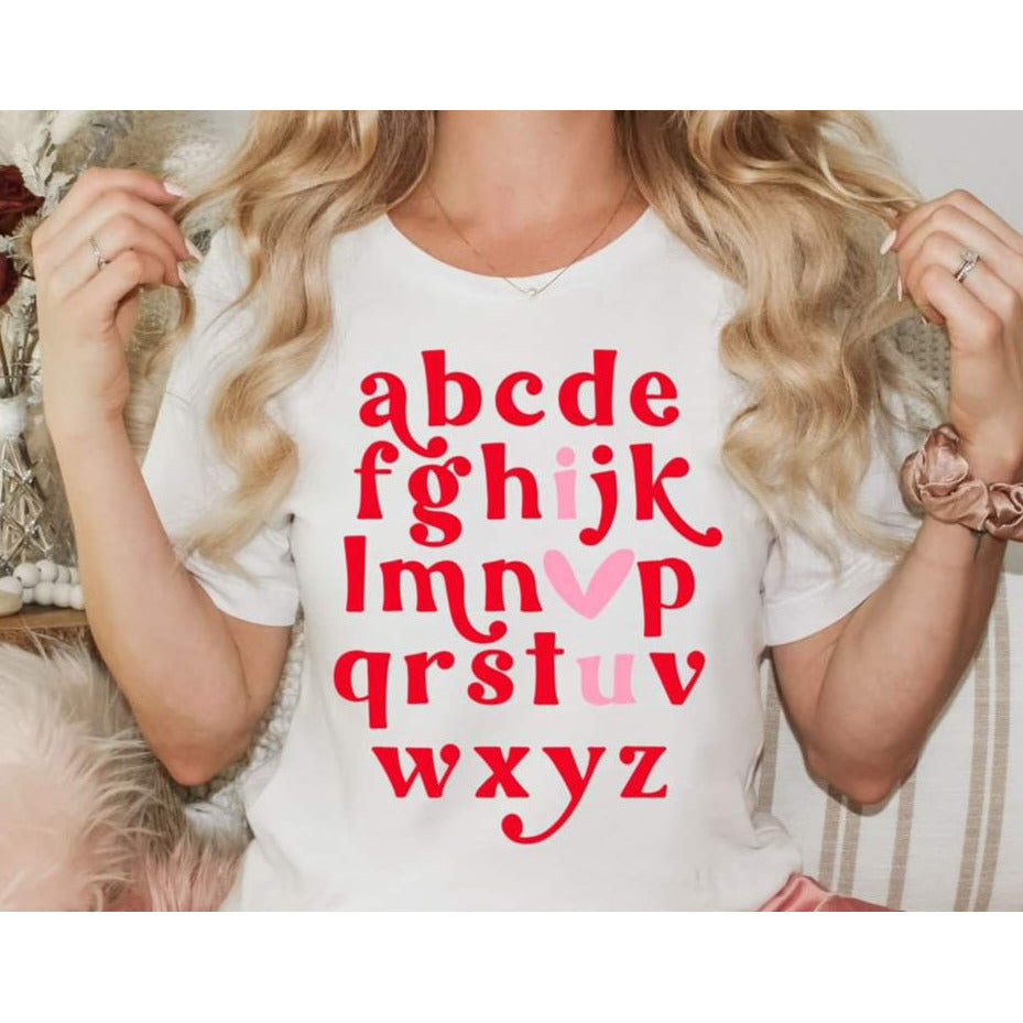 {Adult/kids} Red ABCD I Love You Valentine Graphic Tee