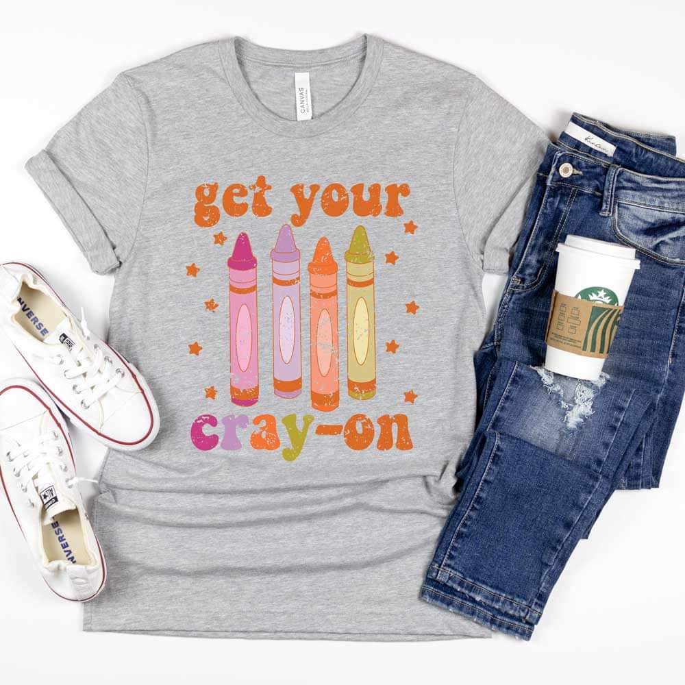 get your cray on teacher shirt with crayons and stars