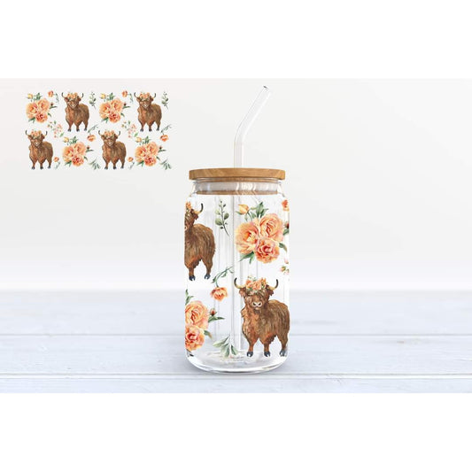 Floral Highland Cow Frosted Can Glass