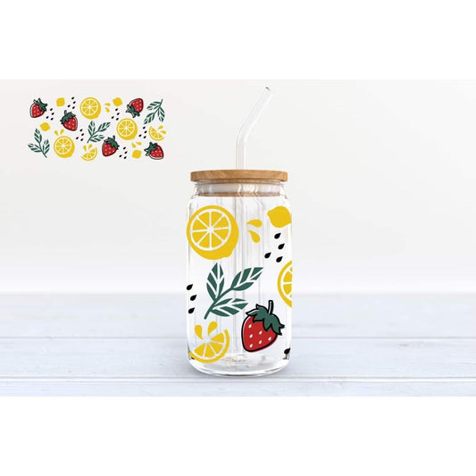 Fruit Can Glass with Bamboo lid and glass straw