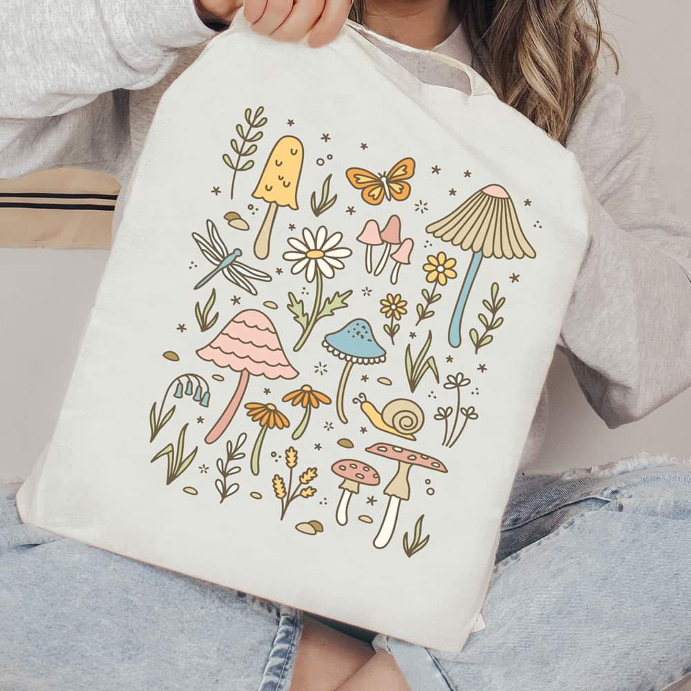 Pastel color mushrooms tote bag