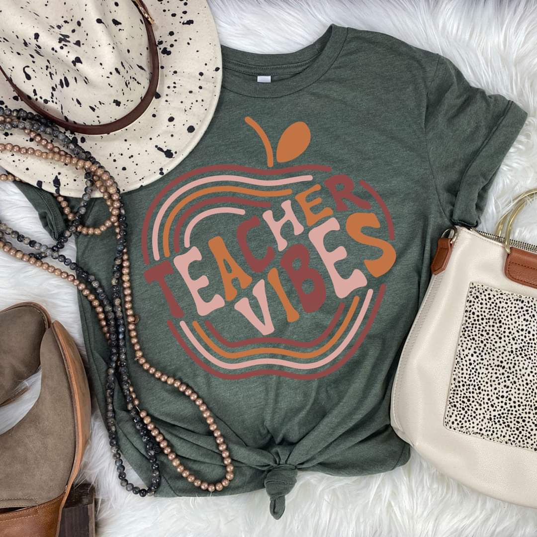 neutral colors outline apple and teacher vibes shirt