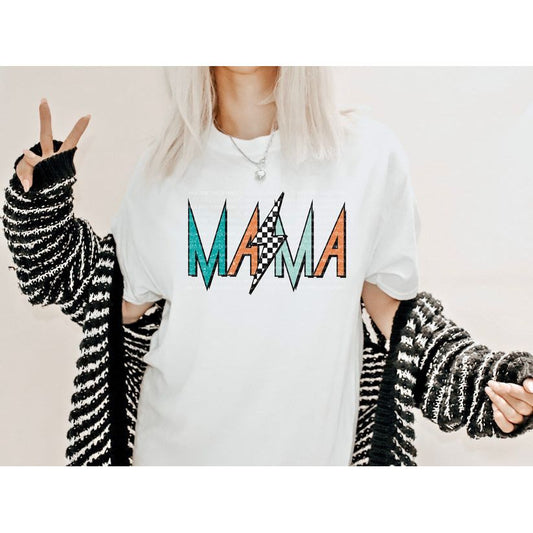 Rock print Mama with black and white checkered lightning bolt in the middle 